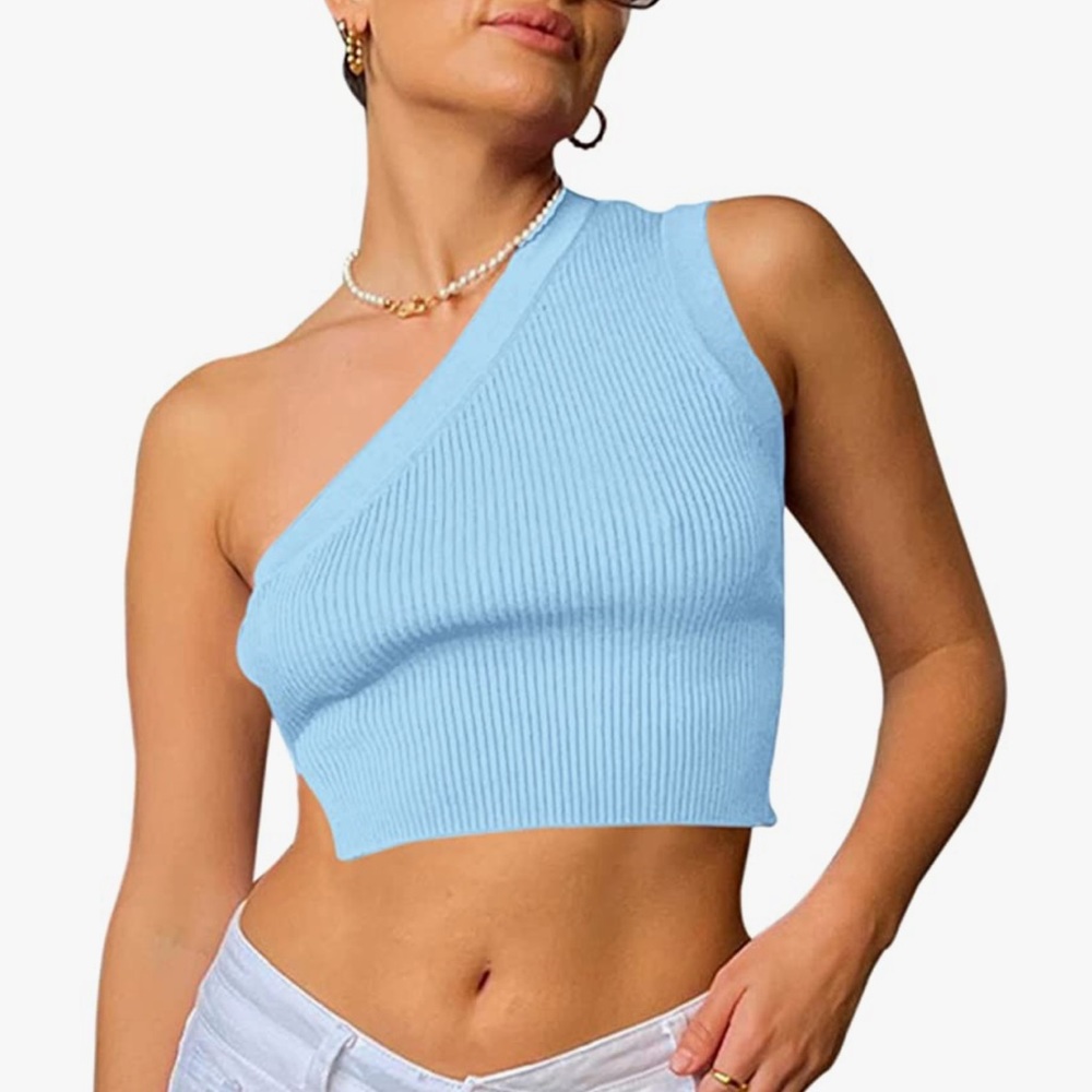 Light Blue One Shoulder Backless Ribbed Cropped Top